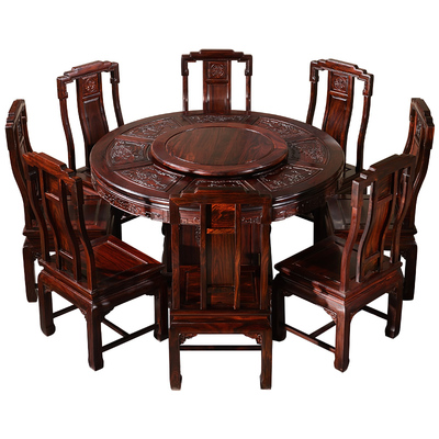 雅韻流轉(zhuǎn)，匠心傳承 印尼黑酸枝木雕花旋轉(zhuǎn)圓桌組合賞析